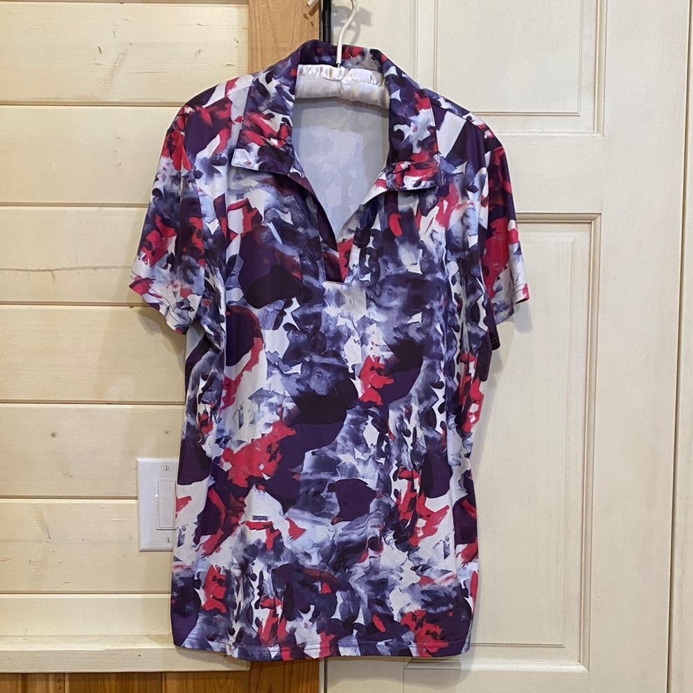 Abstract Print Short Sleeve Polo - Red, Purple, White
